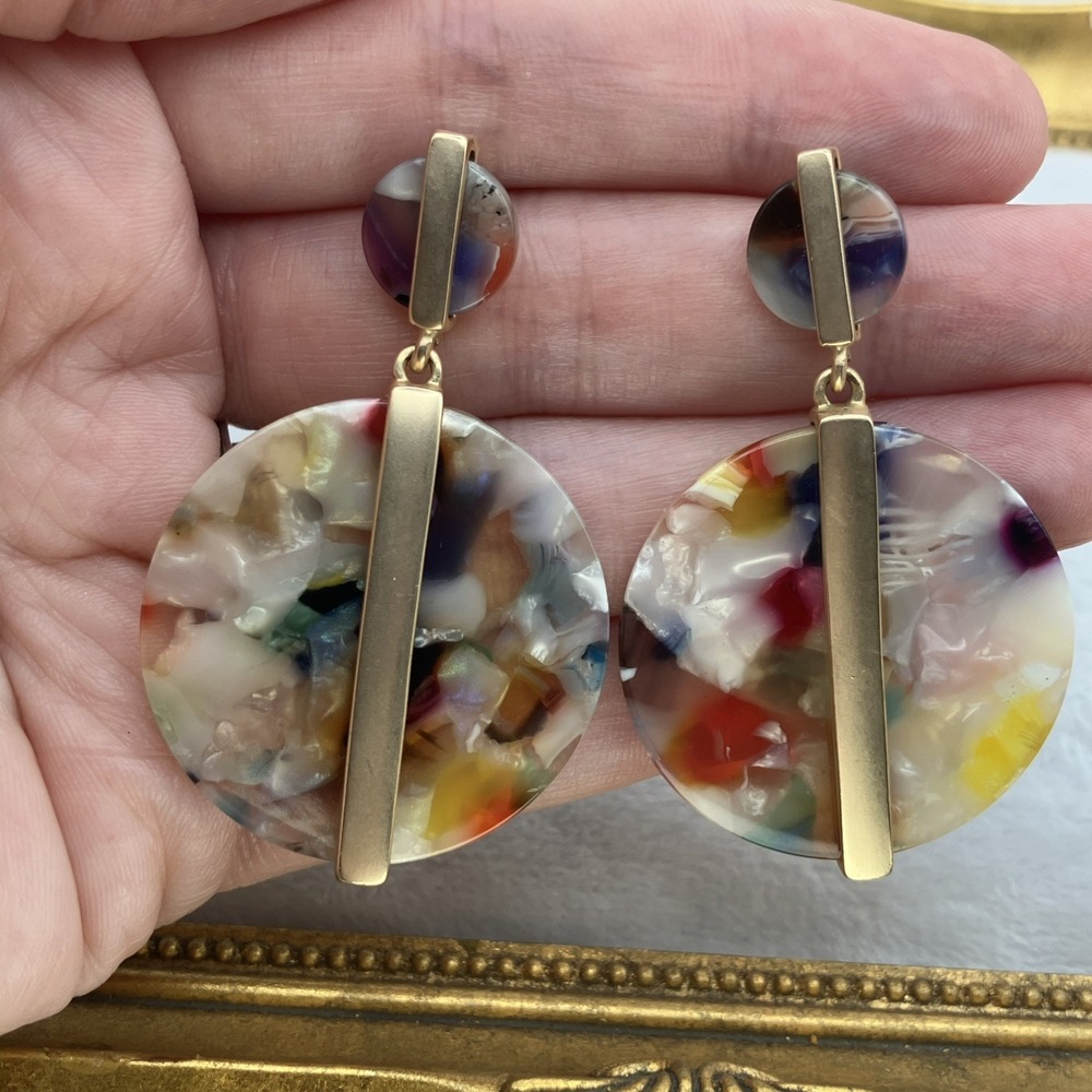 Multicolor Confetti Resin Circle Drop Pierced Earrings Gold Bar Modern Statement